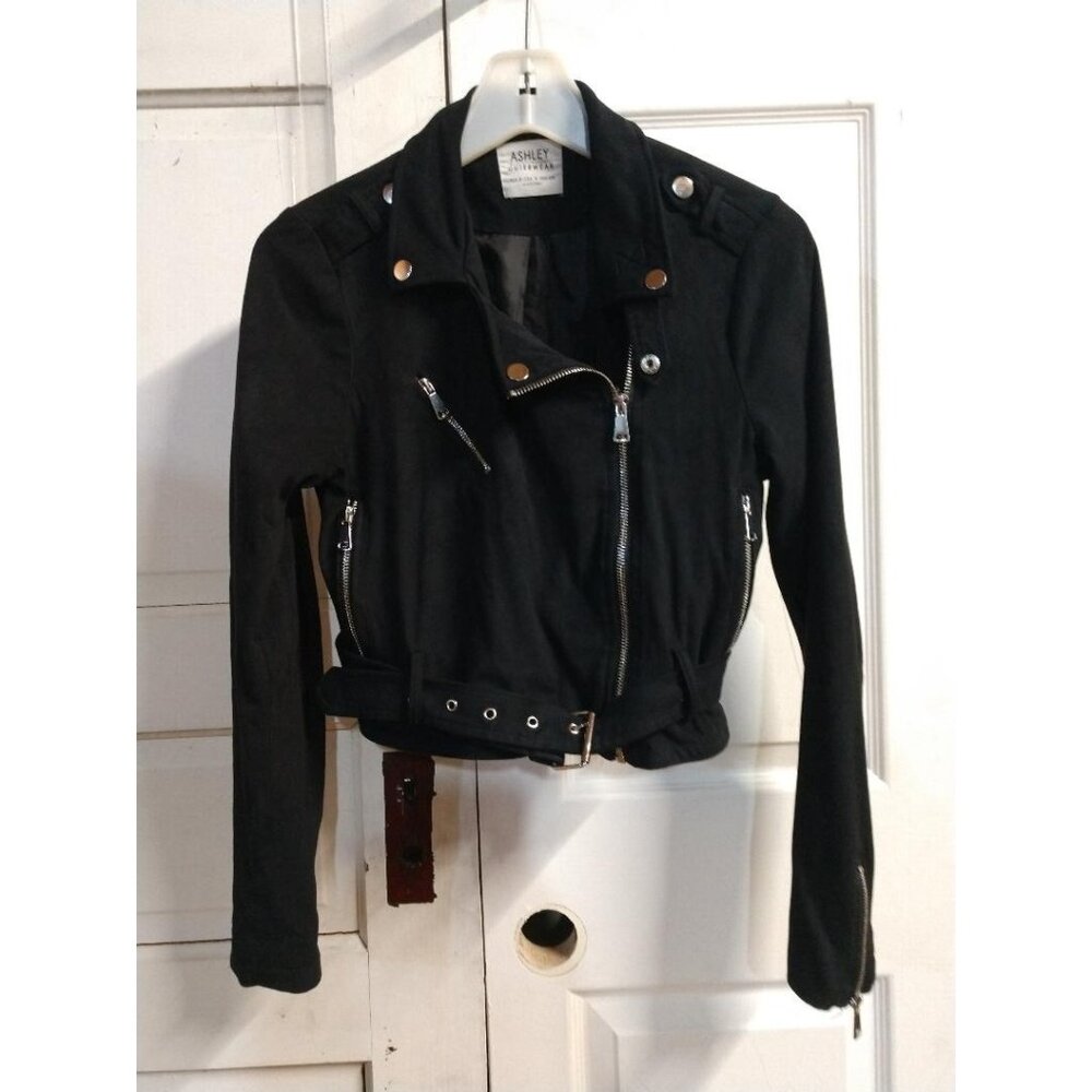 Ashley International Black Cropped Jacket S With Zipper & Belt Accents